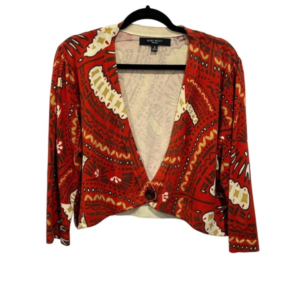 Nine West Women's One Button Cropped Cardigan‎ Orang Batik Tribal Print Size 1X